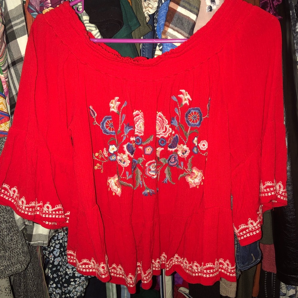 Red floral blouse